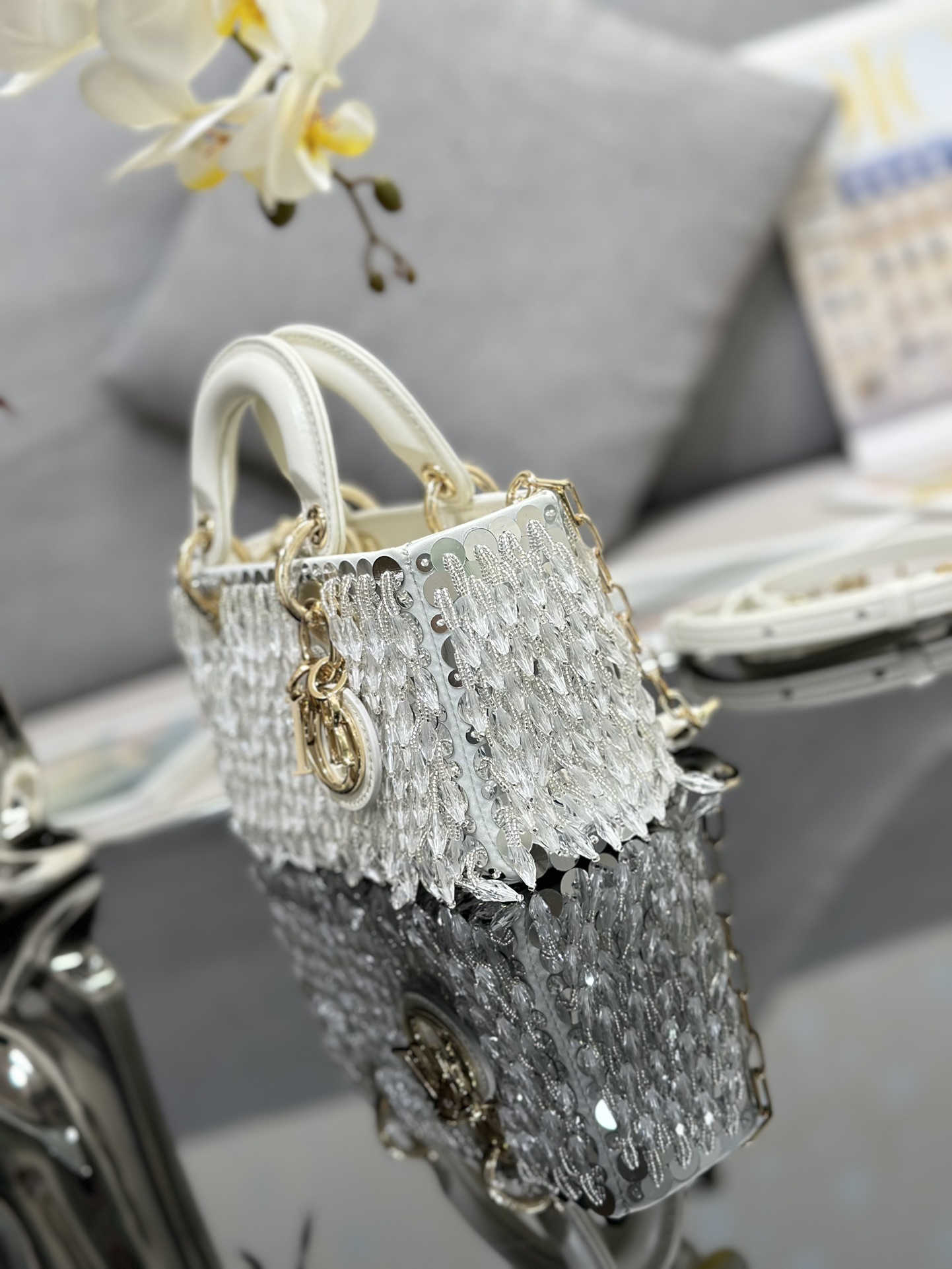 Micro Lady D-Joy Bag Beige Satin Embroidered with Silver Beads Tassel